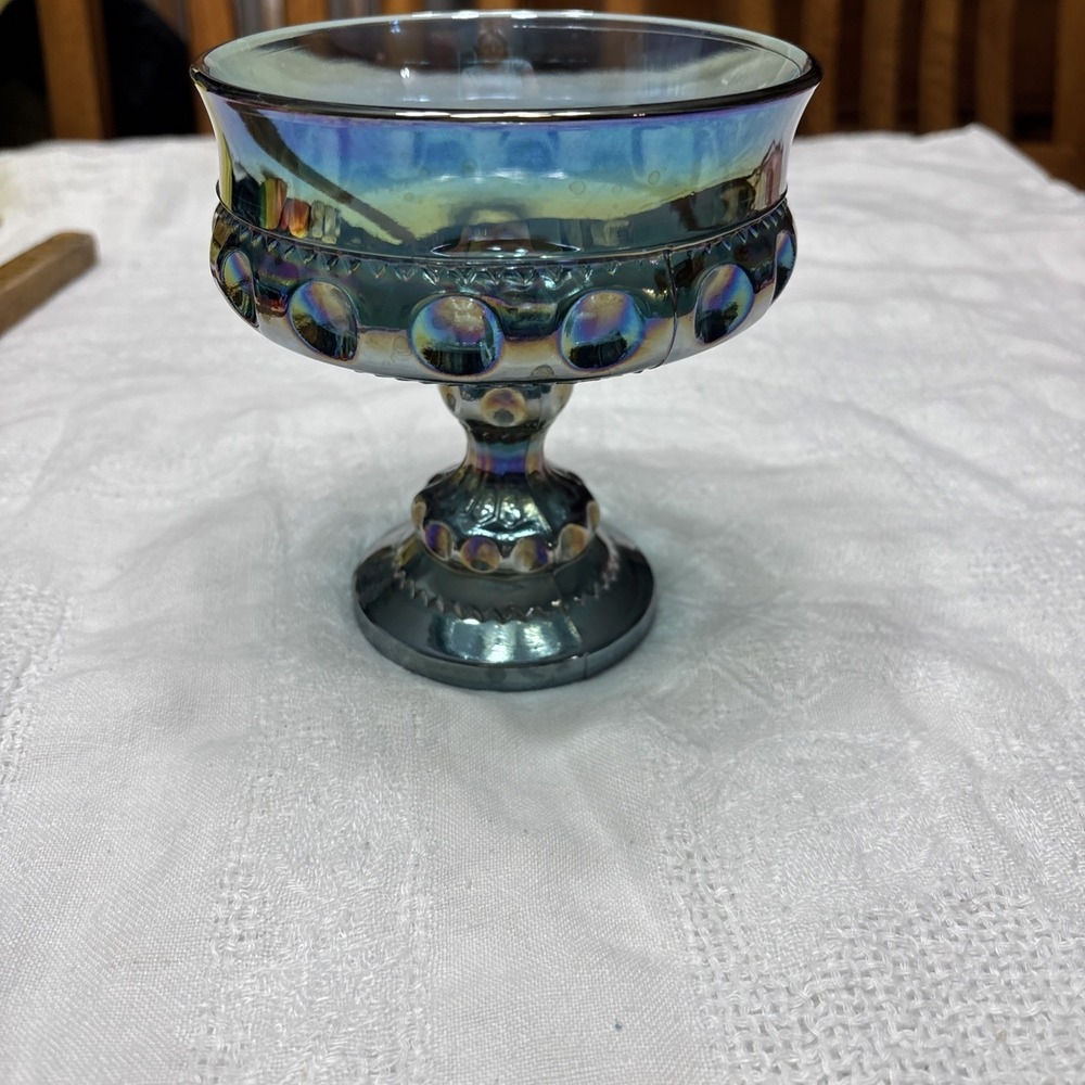 Vintage Indiana Blue Iridescent Carnival Glass Kings Crown Thumbprint Compote